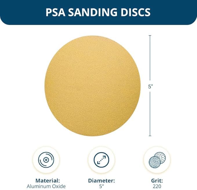 كاشطة القياس أقراص صنفرة ذاتية اللصق مقاس 5 بوصات من PSA Gold مع حبيبات أكسيد الألومنيوم DA ورق صنفرة - لفة أقراص صنفرة مقاس 5 بوصات - آلات صنفرة مدارية لمزج الأسطح (100 قرص) 220 حبيبة - Image 5